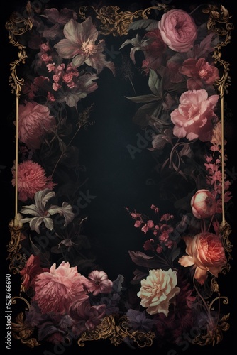 Vintage floral frame with flowers and leaves on a black background.Generative Ai