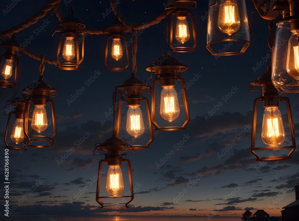 Vintages glowing lanterns hanging on night stary sky, background, wallpaper, banner 