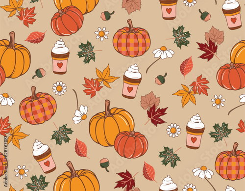 Fall/ Autumn Vibe with 70s groovy hippie retro Pumpkin seamless pattern.