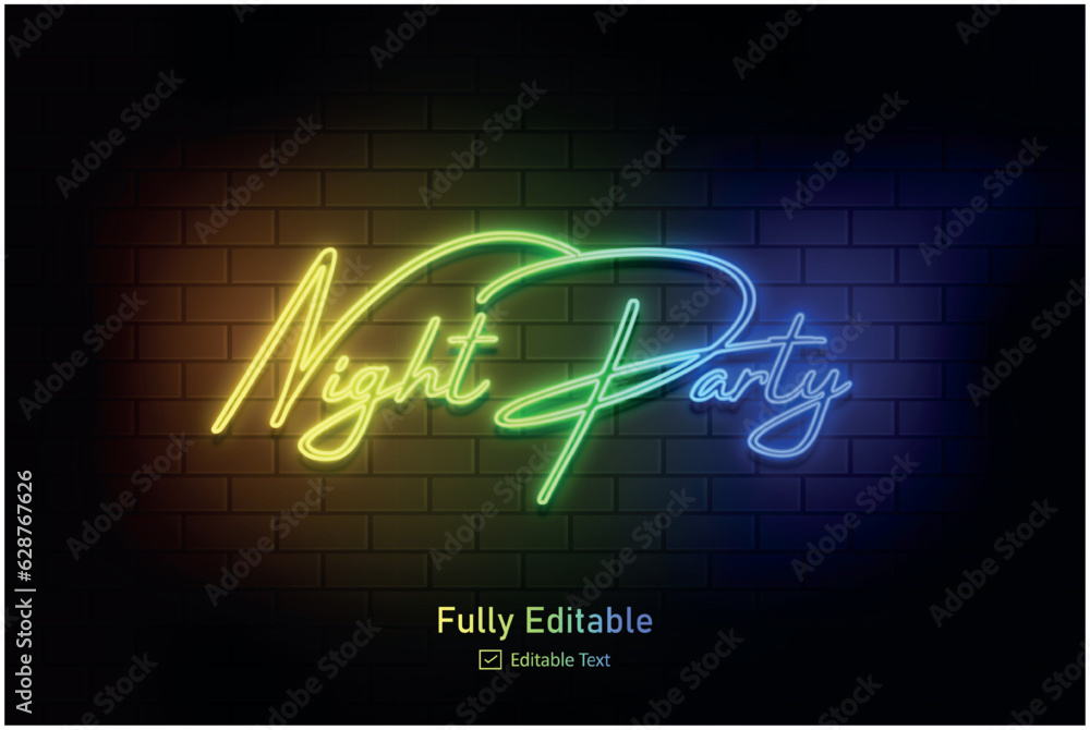 Vector neon effect logo for neon text effect and neon light night party editable text effect and night club Vector neon effect logo for neon text effect and neon light night party editable text effect and night club