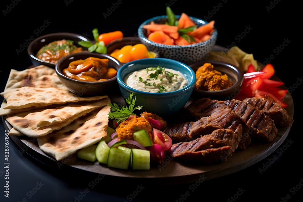 Mezze Platter: Middle Eastern-inspired platter featuring hummus, falafel, stuffed grape leaves, tabbouleh, and pita bread or Arabic breakfast	