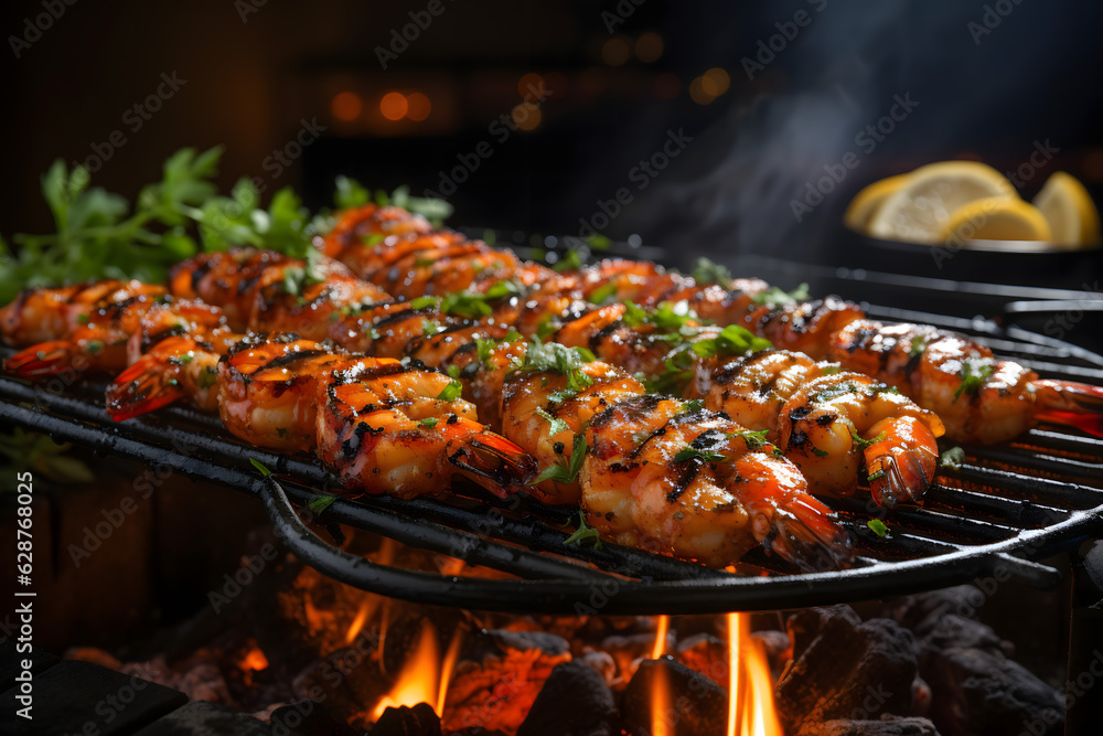 grilled shrimps on the grill	