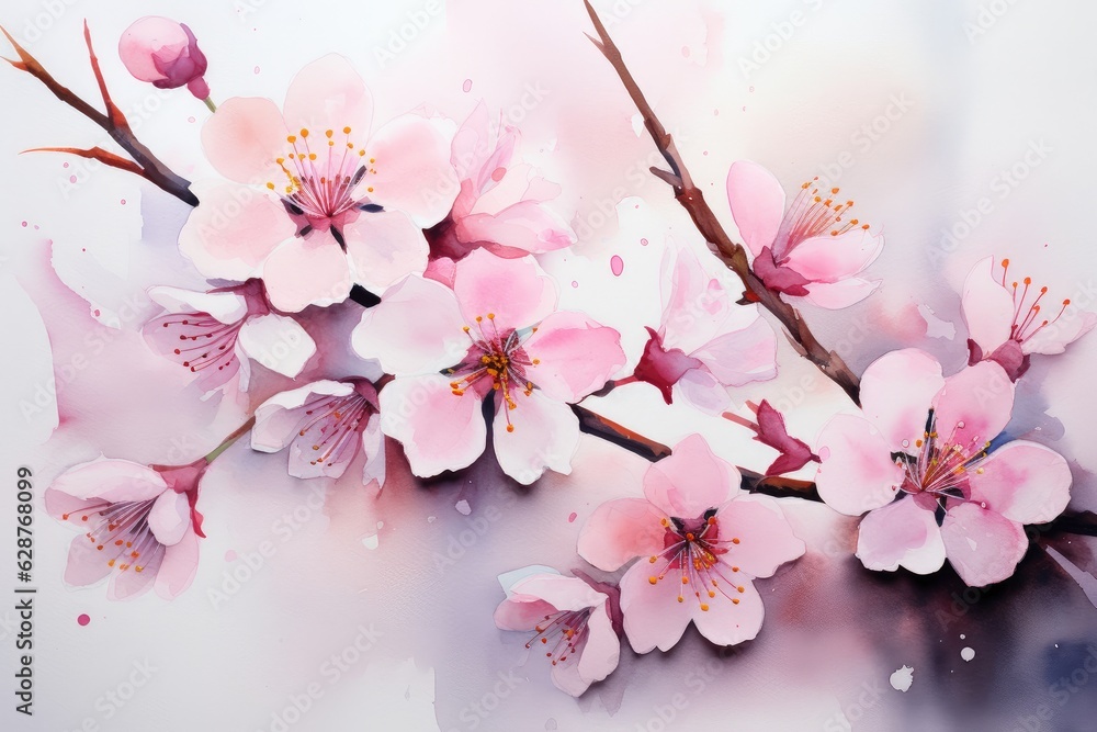 Obraz premium beautiful watercolor sakura branch isolated on white, AI Generated