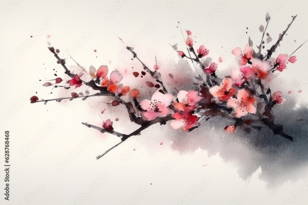 beautiful watercolor sakura branch isolated on white, AI Generated
