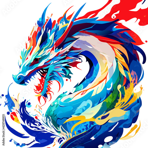 Vector illustration of a dragon head with colorful splashes and blots
