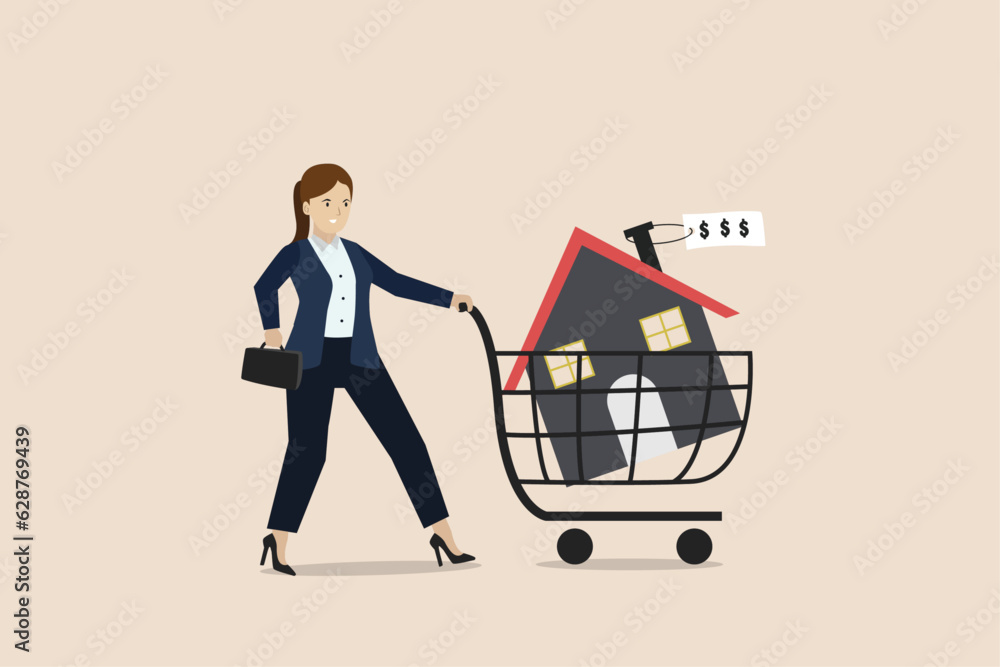 Buying new house, real estate, property investment, happy woman pushing new house in shopping cart trolley. Buying new house, real estate, property investment, happy woman pushing new house in shopping cart trolley.