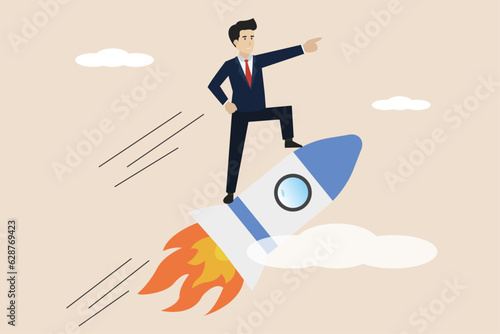 Entrepreneurship, startup vision or empowerment, leadership goes beyond the reach of business success, the businessman rides a rocket to the highest peak of his career.