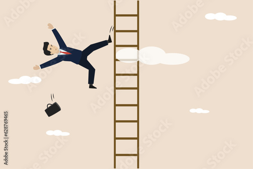 Business failure due to overly high goals, career or job position decline or investors losing money concept, entrepreneur aspirations falling down a high lofty ladder.