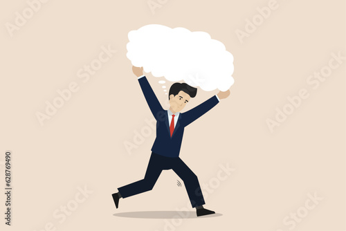 Over thinking, too many problems can't make a decision concept, depressed businessman bearing heavy burden of thought bubbles. Over thinking, too many problems can't make a decision concept.
