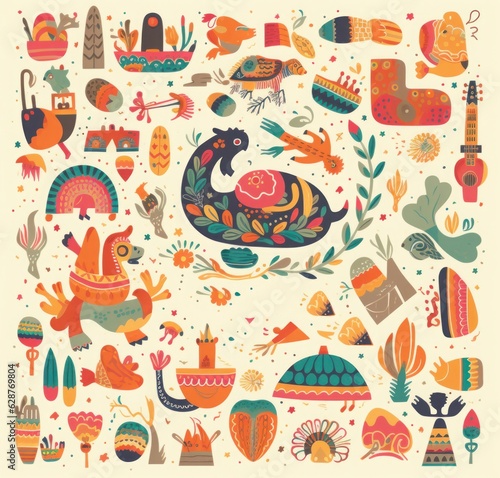 Mexican decorative pattern. Map of Mexico with traditional symbols and decorative elements, Generative AI