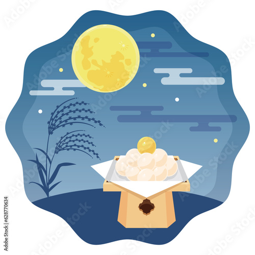 夜空の満月と秋の花々と月見団子