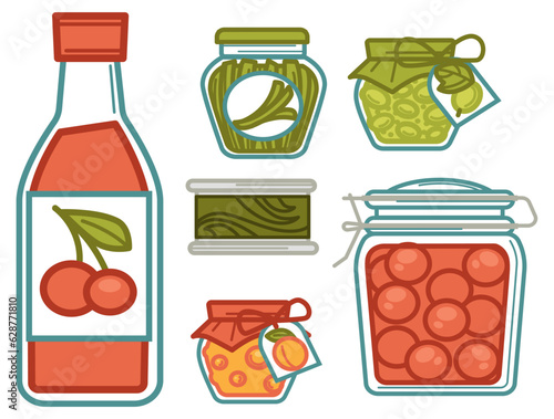Marinated vegetables and fruits, jams of cherry