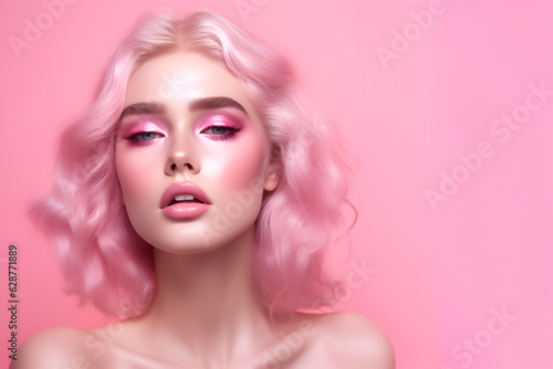 Fashion editorial Concept. Closeup portrait of stunning pretty woman with chiseled features  pink makeup and hair. illuminated with dynamic composition and dramatic lighting. copy text space 