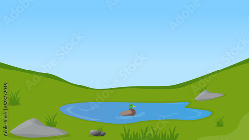 Fototapeta Naklejka Na Ścianę i Meble -  illustration of a landscape with a duck in the pond lake computer wallpaper