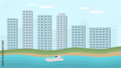 illustration of a city with sea beach and boat city buildings cityscape city skyline computer wallpaper hd 