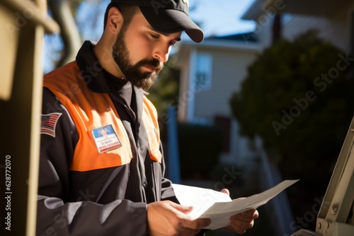 Young handsome american postman sorting mail holding letters mailbox suburban area mail delivery courier hat mailman delivering packages correspondence parcels man employee occupation post service photo