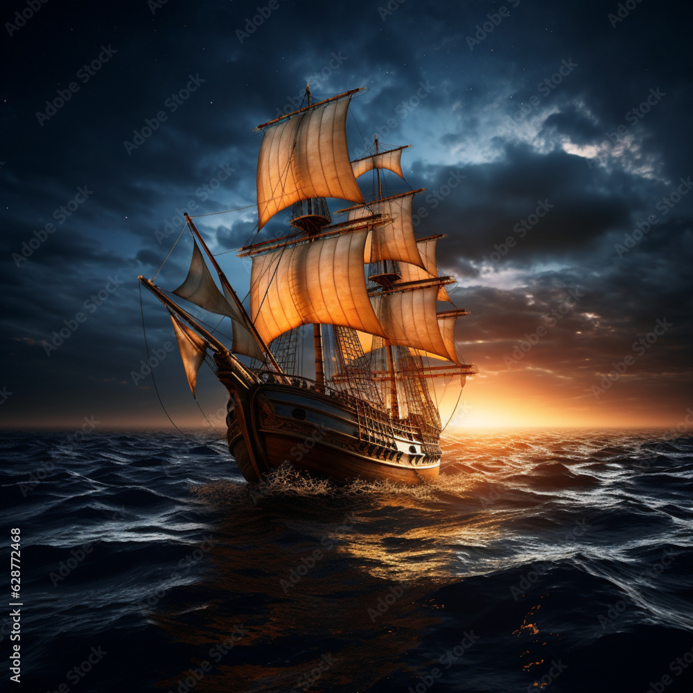 Obraz premium A magnificent sailboat, yacht floating on a beautiful sea, Generative AI