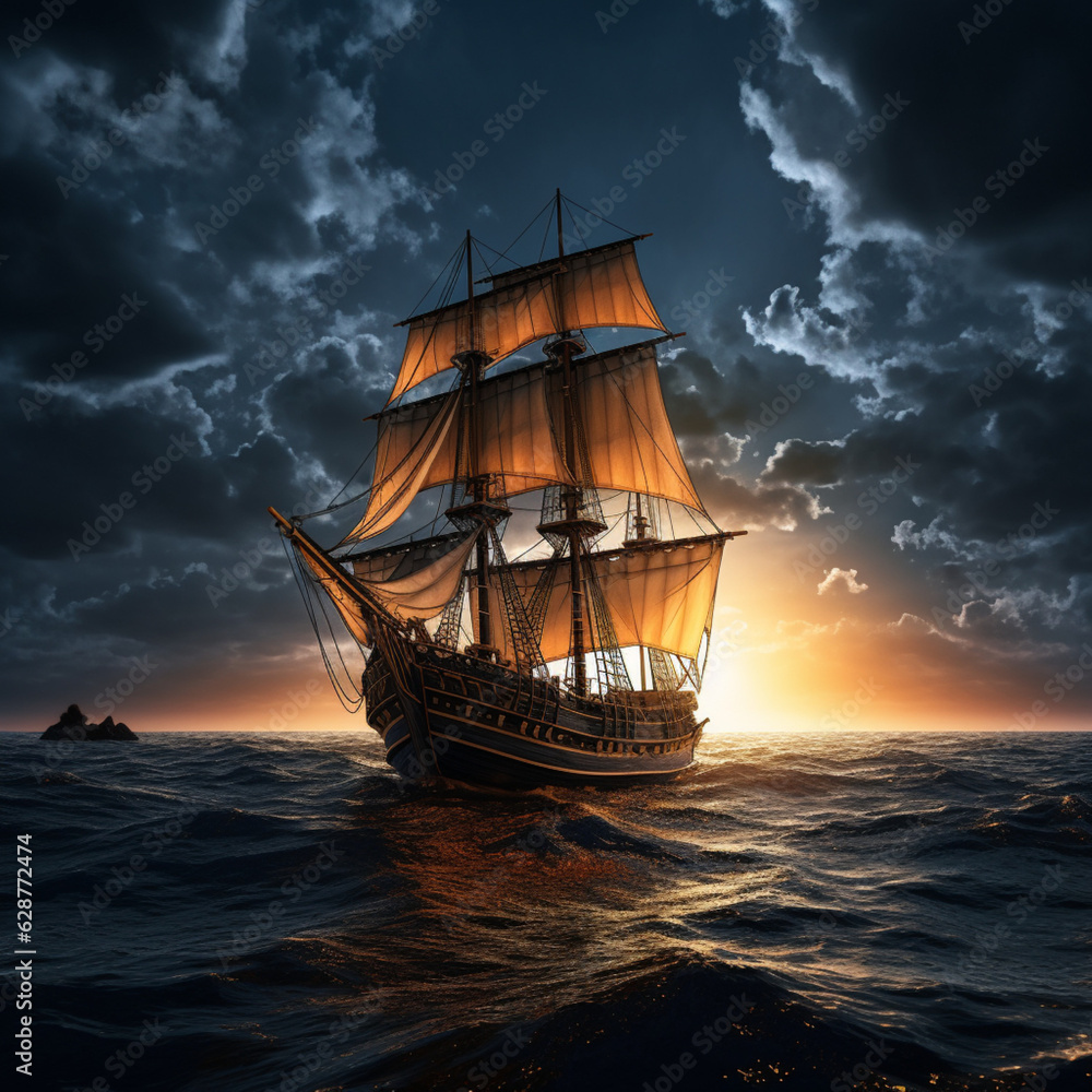 Obraz premium A magnificent sailboat, yacht floating on a beautiful sea, Generative AI