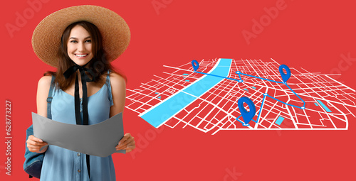 Female tourist and drawn ci...