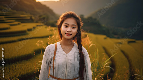 asian woman wearing white ao dai Vietnam culture traditional in Rice terrace at Mu cang chai, Vietnam at sunrise.generative ai
