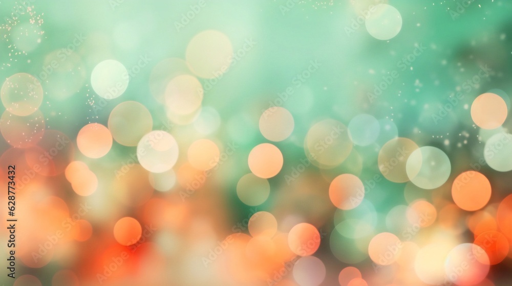 Generative AI : Blurred bokeh light on Mint Green and Coral background. Christmas and New Year holidays template. Abstract glitter defocused blinking stars and sparks.