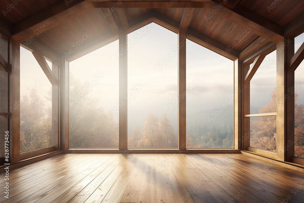 Obraz premium empty interior without furniture with a huge panoramic window and a forest in the fog outside the window