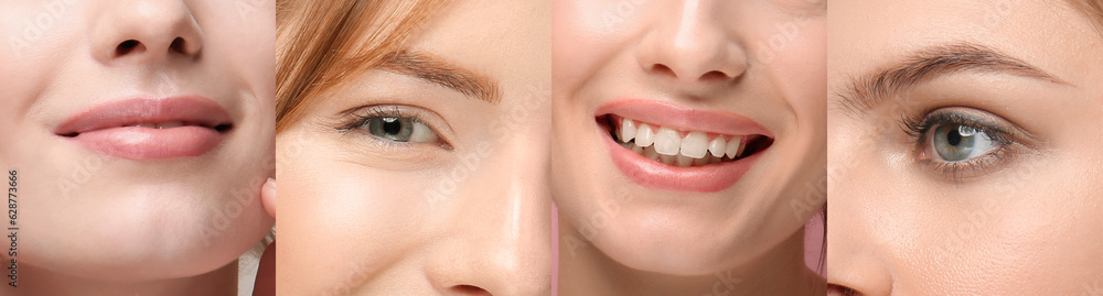 Obraz premium Collage of beautiful young woman with healthy skin, closeup