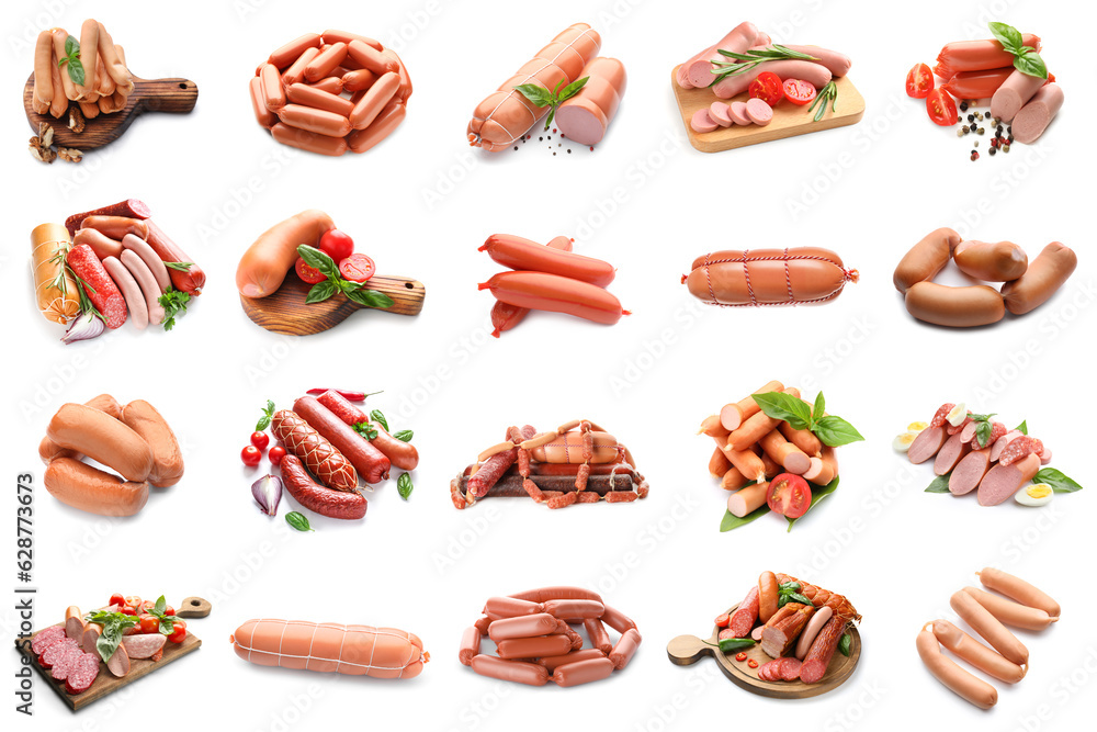 Collection of delicious sausages on white background Collection of delicious sausages on white background