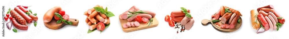 Set of delicious sausages on white background