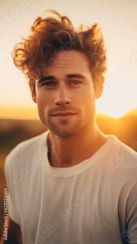 Portrait of a handsome guy at sunset. Generative AI