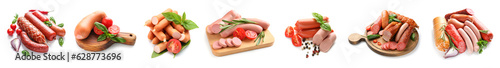 Set of delicious sausages on white background