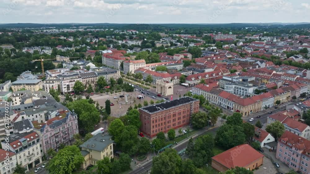 Aerial Drone shot of Brandenburg Gate ( Brandenburger Tor ) on the Luisenplatz in Potsdam , Germany Aerial Drone shot of Brandenburg Gate ( Brandenburger Tor ) on the Luisenplatz in Potsdam , Germany