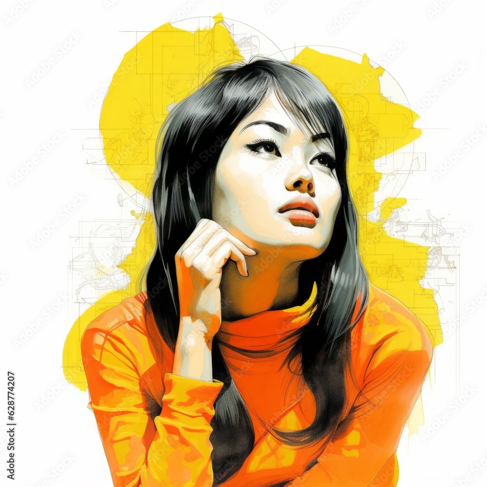 Asian young woman in thinking and doubts realistic illustration. Female hipster character with dreamy face on abstract background. Ai generated bright colorful poster. Asian young woman in thinking and doubts realistic illustration. Female hipster character with dreamy face on abstract background. Ai generated bright colorful poster.