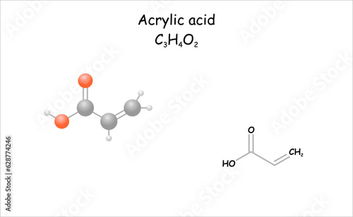 Acrylic acid. Stylized molecule model and structural formula.