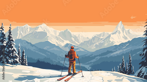 Ai generated. Vector illustration. Advertisement for ski vacations. People are standing on the ski slope. Landscape with snowy Mountains. Mountain range and pine trees. Copy space is available.