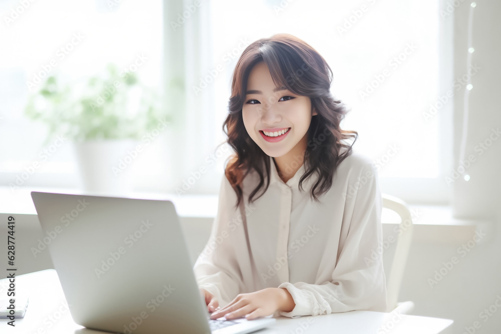 A Smiling Asian Woman working with her laptop in front of light cream background. generative AI. A Smiling Asian Woman working with her laptop in front of light cream background. generative AI.
