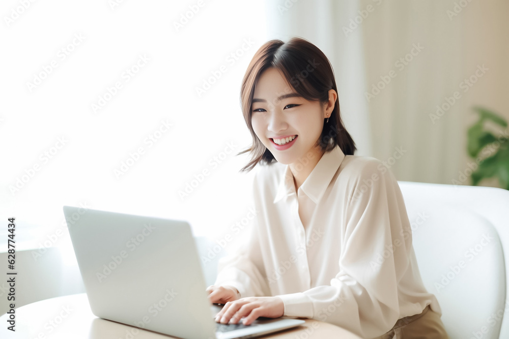 A Smiling Asian Woman working with her laptop in front of light cream background. generative AI. A Smiling Asian Woman working with her laptop in front of light cream background. generative AI.