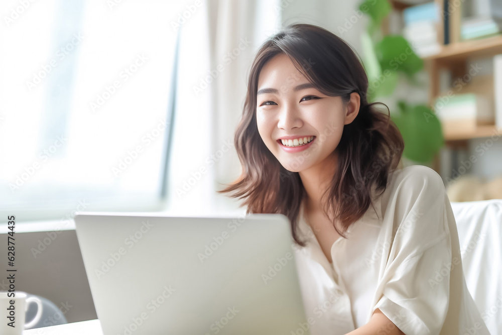A Smiling Asian Woman working with her laptop in front of light cream background. generative AI. A Smiling Asian Woman working with her laptop in front of light cream background. generative AI.