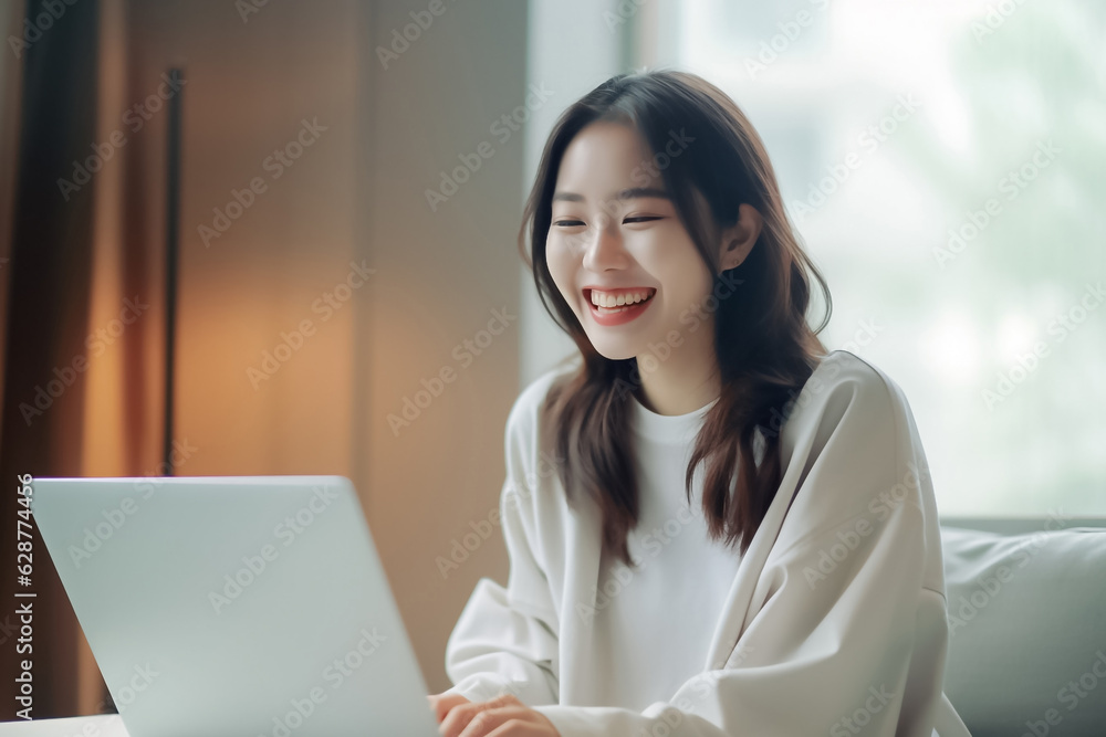 A Smiling Asian Woman working with her laptop in front of light cream background. generative AI. A Smiling Asian Woman working with her laptop in front of light cream background. generative AI.