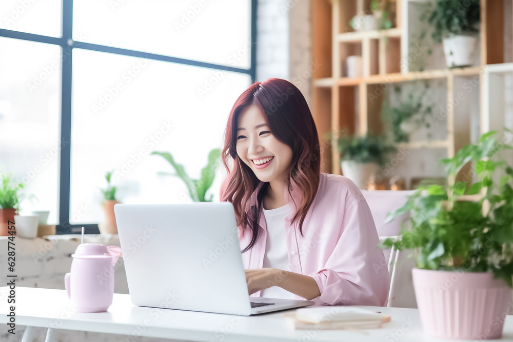 A Smiling Asian Woman working with her laptop in front of light cream background. generative AI. A Smiling Asian Woman working with her laptop in front of light cream background. generative AI.