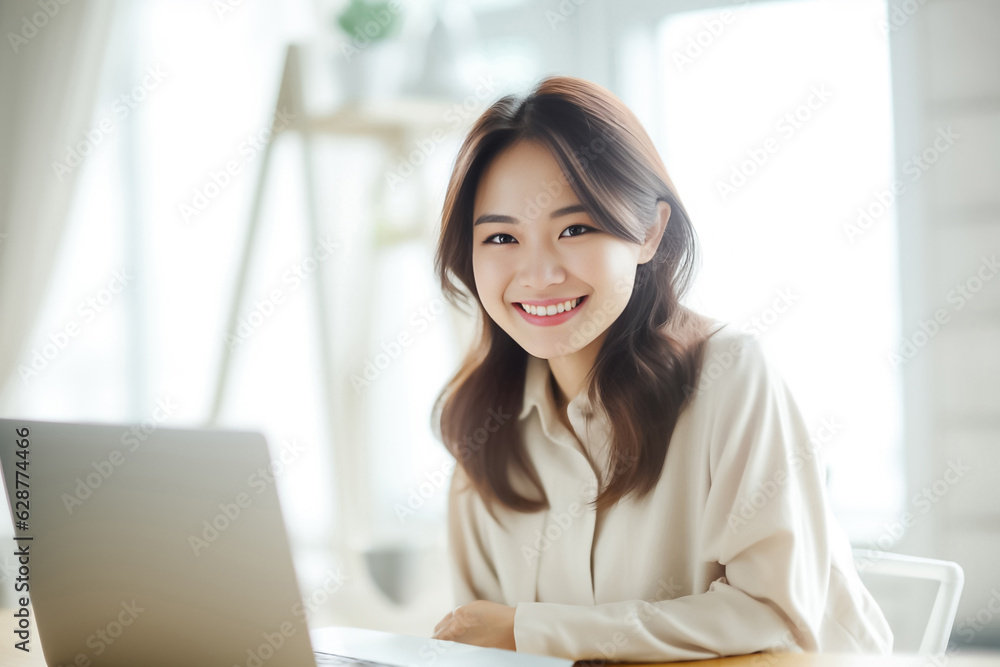 A Smiling Asian Woman working with her laptop in front of light cream background. generative AI. A Smiling Asian Woman working with her laptop in front of light cream background. generative AI.