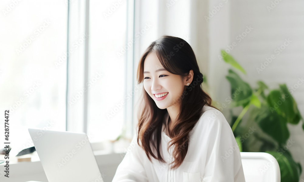 A Smiling Asian Woman working with her laptop in front of light cream background. generative AI. A Smiling Asian Woman working with her laptop in front of light cream background. generative AI.