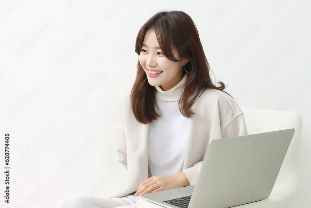 A Smiling Asian Woman working with her laptop in front of light cream background. generative AI. A Smiling Asian Woman working with her laptop in front of light cream background. generative AI.