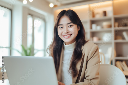 A Smiling Asian Woman working with her laptop in front of light cream background. generative AI. Free Download A Smiling Asian Woman working with her laptop in front of light cream background. generative AI. - GFXLoad