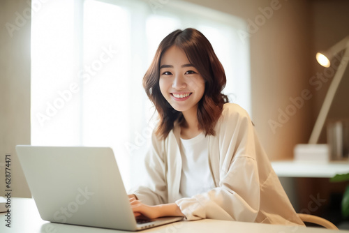 A Smiling Asian Woman working with her laptop in front of light cream background. generative AI.