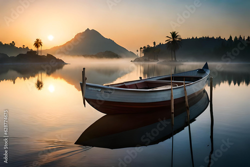 A fabulous boat sits empty on the shore alone by a foggy lake white background photorealistic © pedro