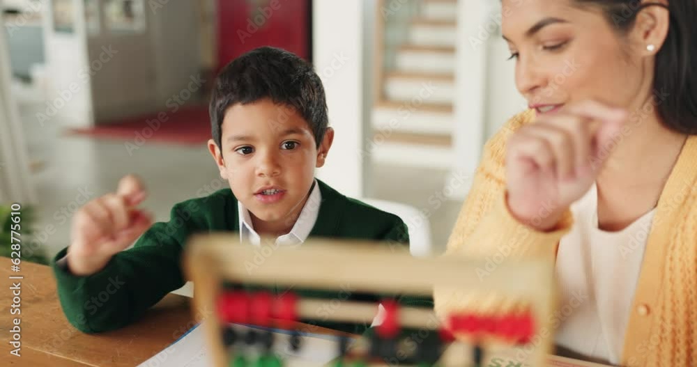 Homework, math and mother counting with child for learning, studying ...