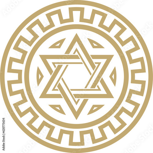 Vector round golden jewish national ornament. Star of David. Semitic folk circle, pattern. Israeli ethnic sign, ring..