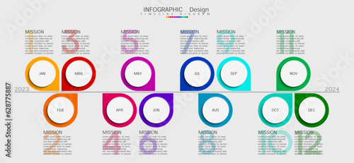 12 month calendar design concept, modern timeline, infographic template for business.Can be used for presentations, flowcharts, diagrams, signs. Vector illustration.