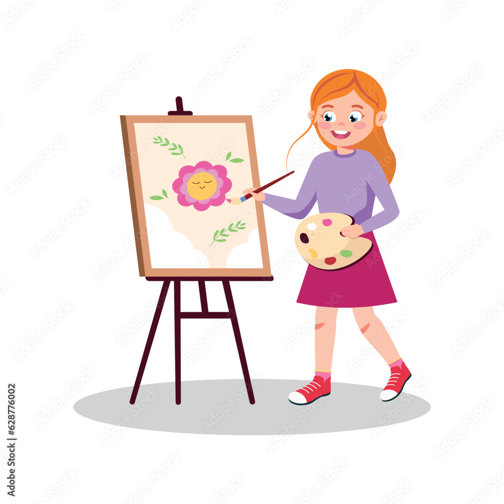 Girl painting on an easel. Drawing class, vector illustration. Happy child drawing with paint